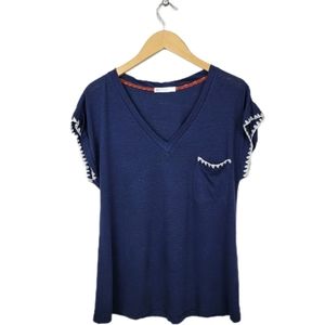 ACOS&A Linen Blend Vneck Embroidered Tshirt